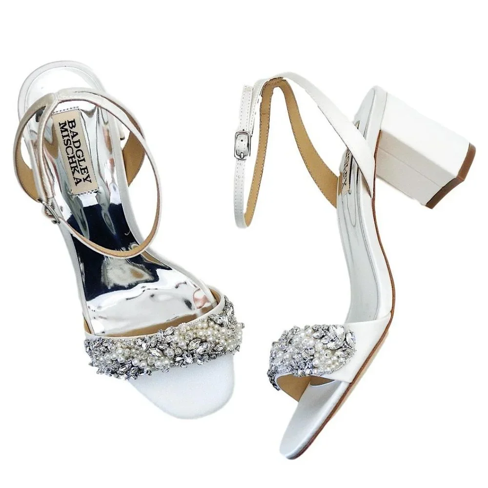 Badgley Mischka Clara, White Block Heels, Pearl & Crystal Trim at Toe - Picture 2 of 3